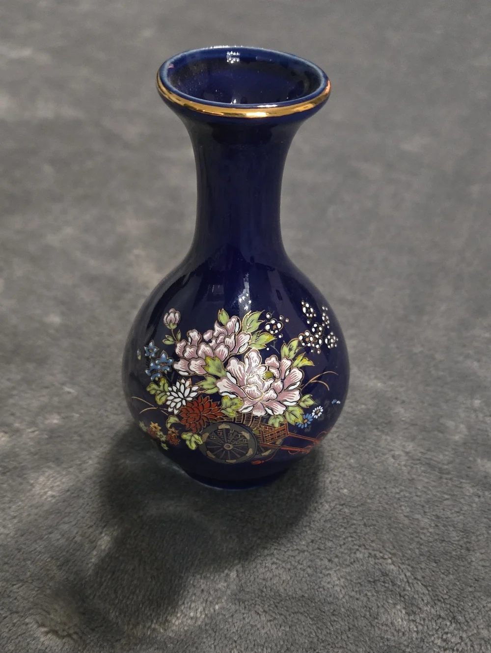 Kutani Vase Cobalt Blue with Gold Accents Flower Cart Japan